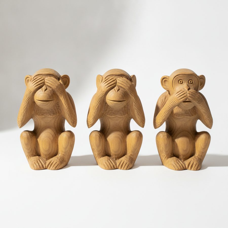 Artisanal Die 3 Affen der Weisheit XL Statuen aus Massivholz, Höhe 20 